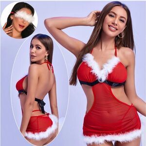 Christmas Teddy XMAS Sexy Babydoll Lingerie Women's Lace Bodysuit with Eye Mask